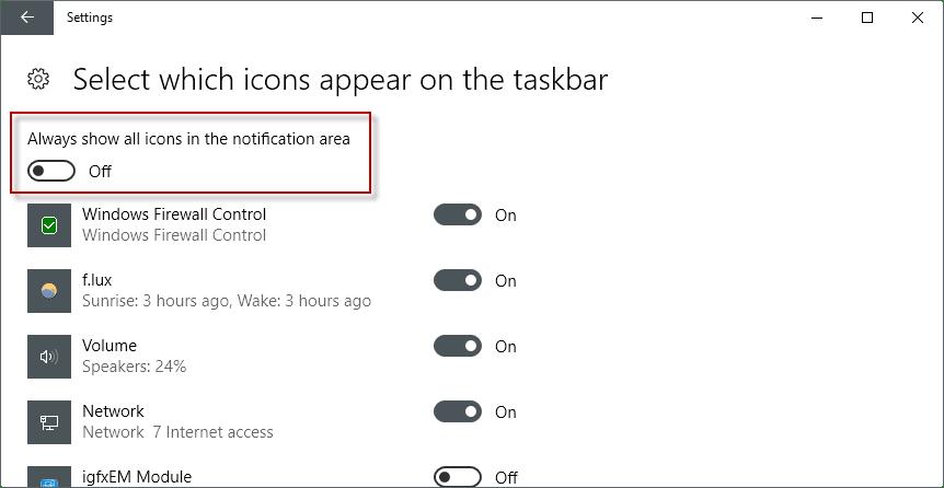 panel de configuración de la barra de tareas