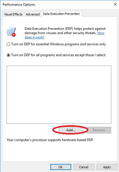 turn on DEP for all programs and services