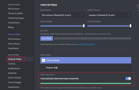 Automatically Determine Input Sensitivity is turned on