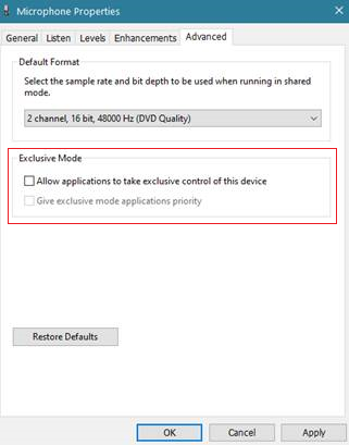 Exclusive Mode unchecked