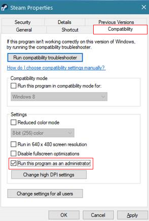 Run this Program as an Administrator is marked checked