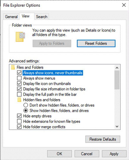 "Always show icons, never thumbnails" option marked checked