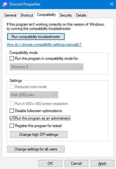 Checkbox "Run this program as an Administrator"