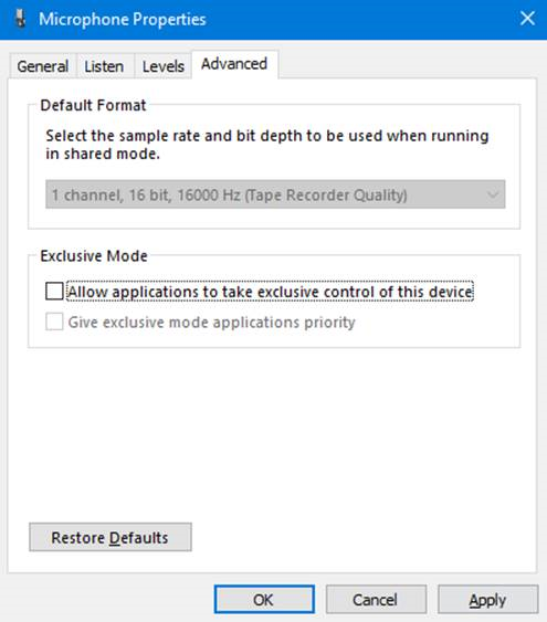 Disabled Exclusive Mode