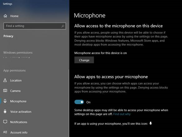 Enable "Allow apps to access your microphone"