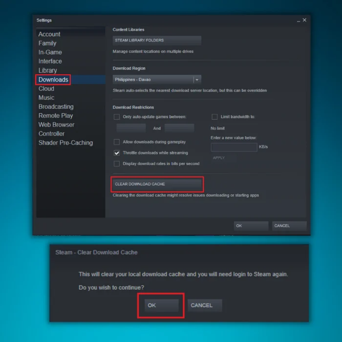 clear steam download cache