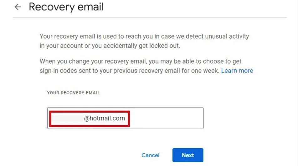 selecting recovery email