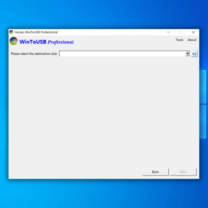 wintousb select destination disk