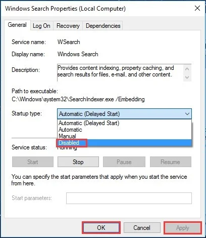 disable windows search service