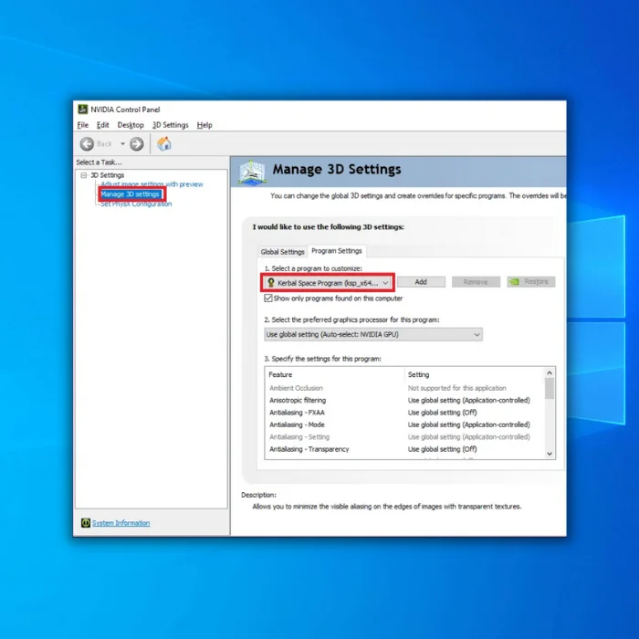 manage 3d settings nvidia control panel