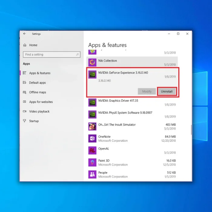 uninstall geforce experience apps menu