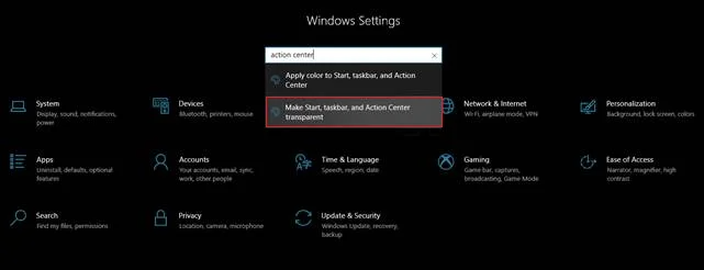 make action center transparent