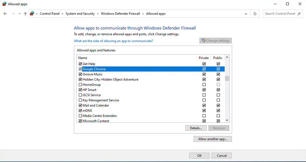 select browser to allow in firewall
