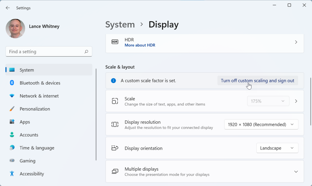 system display option