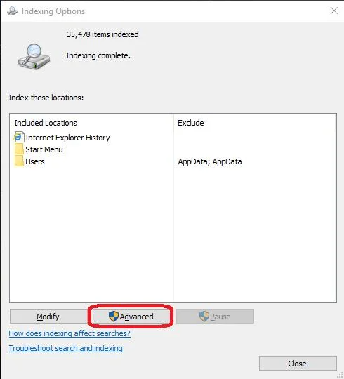 advanced indexing option