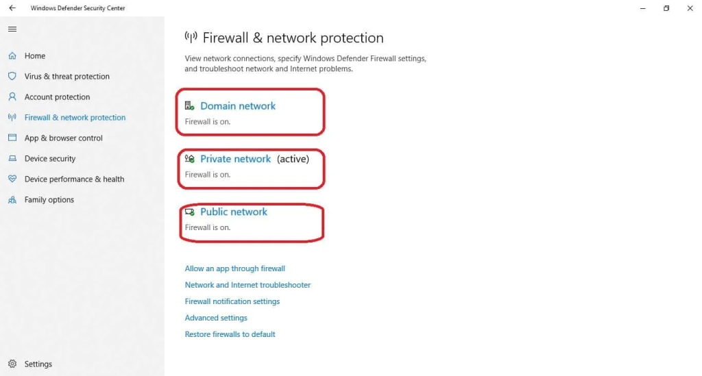 firewall and network protection settings