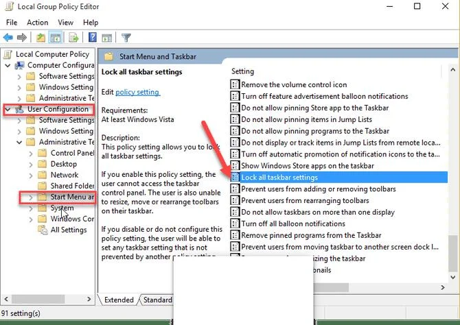 group policy lock taskbar