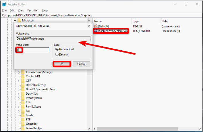 change disablehwacceleration value data