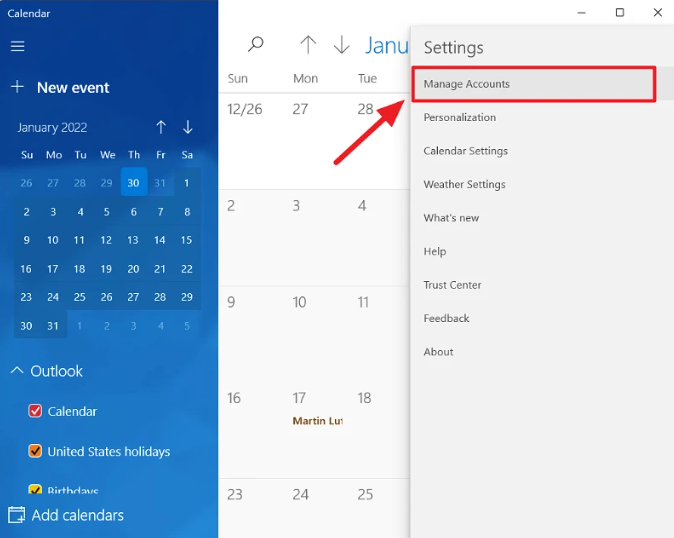 manage accounts on windows 11 calendar