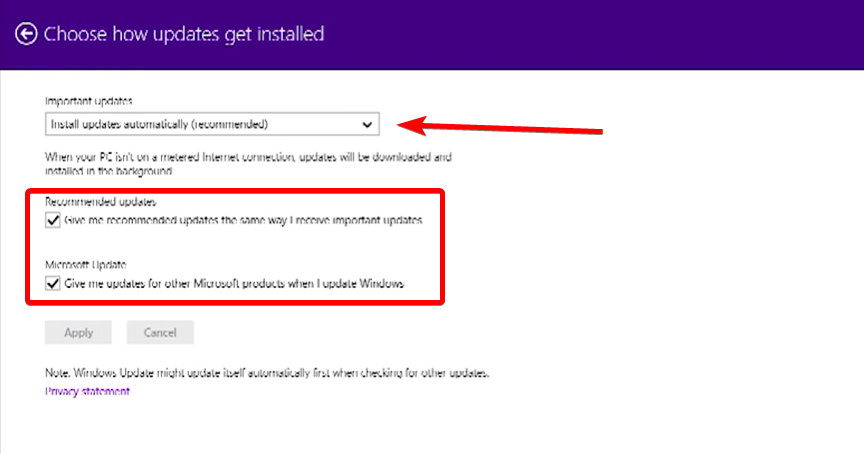 select recommended updates and windows updates in windows 8