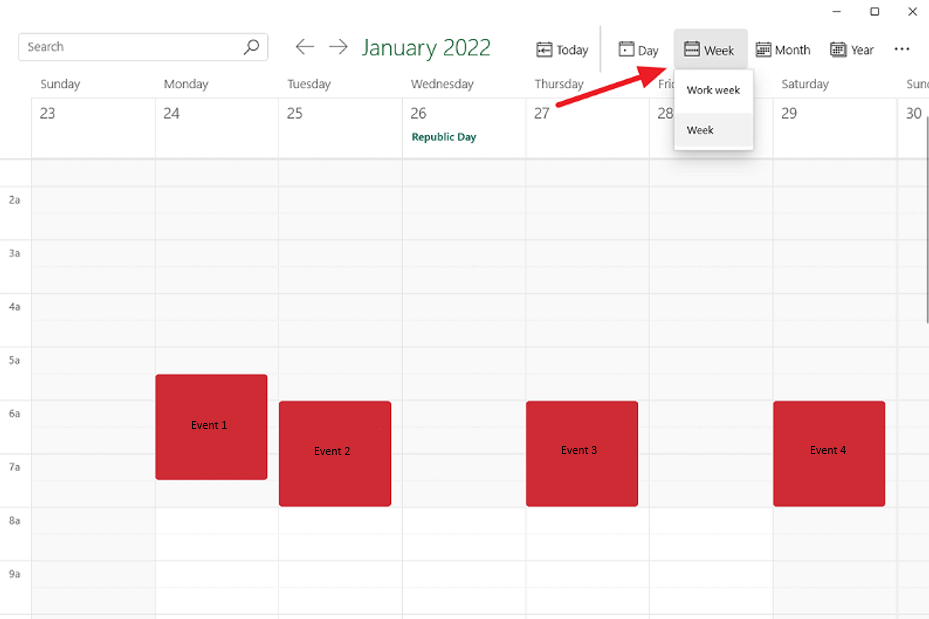 select week option in windows 11 calendar