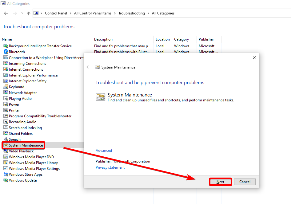 system maintenance and next button