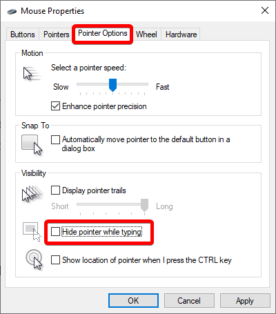 uncheck hide pointer while typing