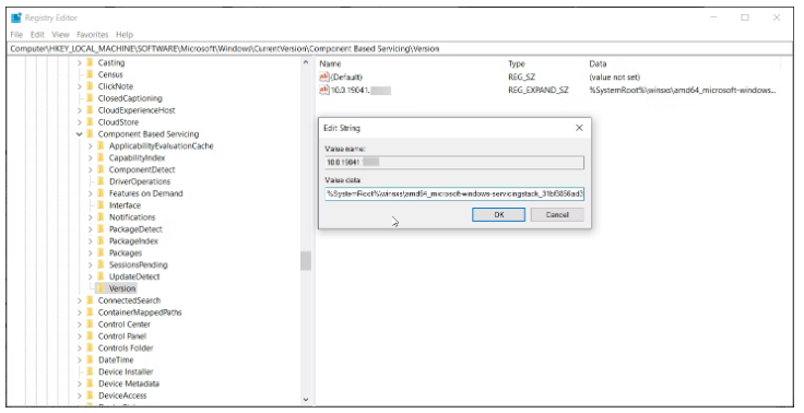 windows servicing regedit