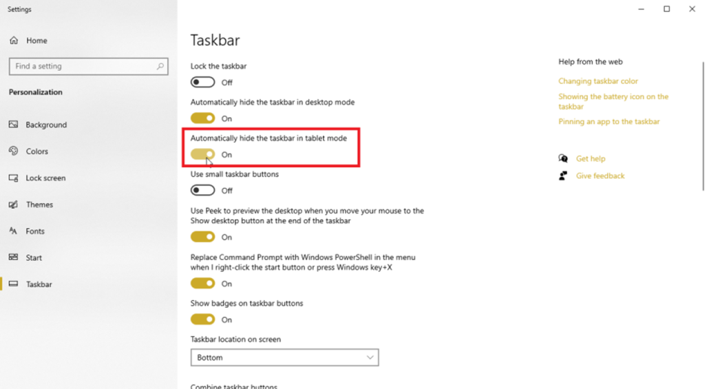 automatically hide taskbar in tablet mode
