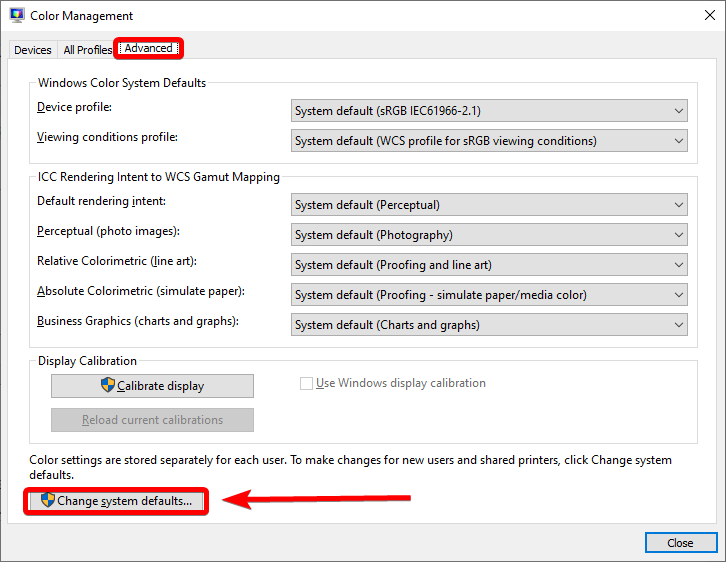 change system defaults in color management