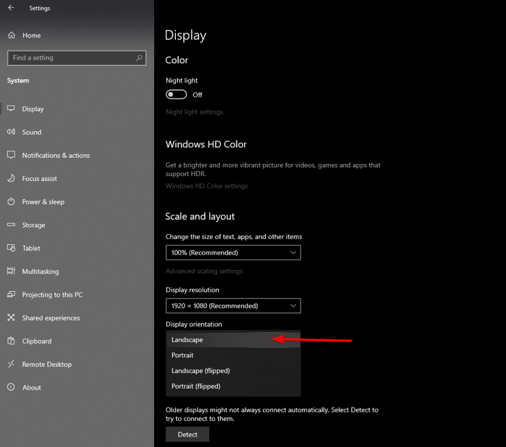 display orientation