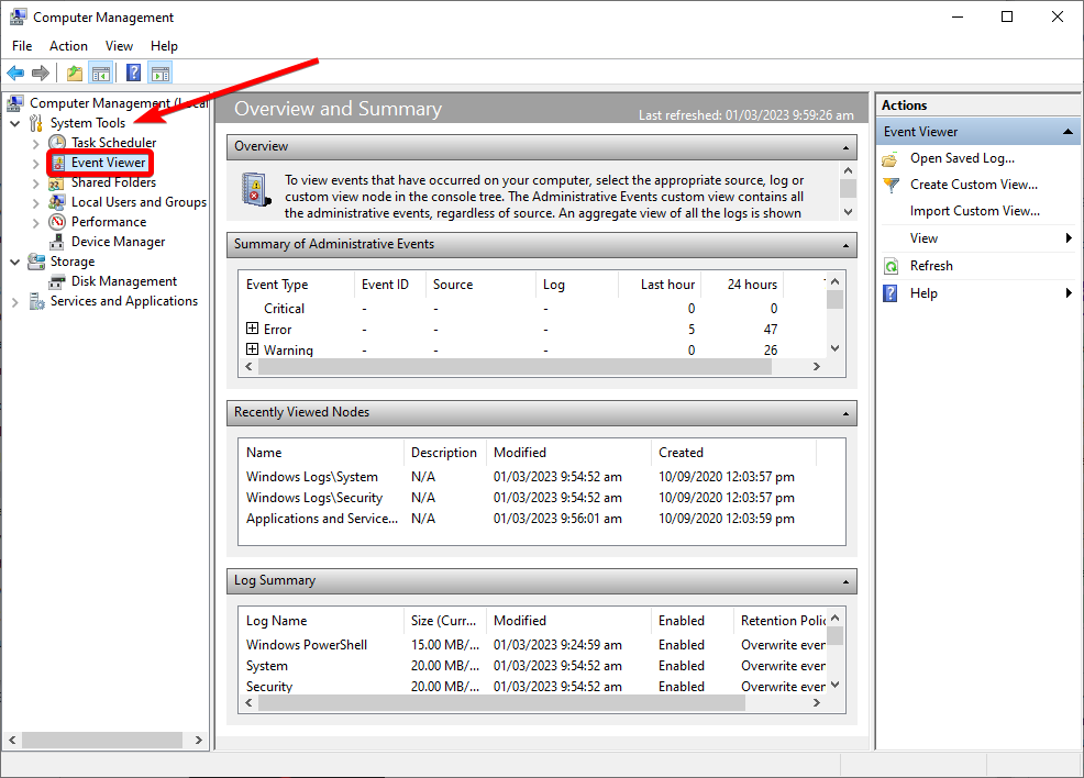 event viewer in computer management