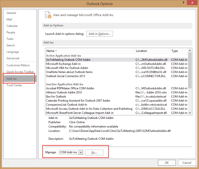 manage com add in in outlook