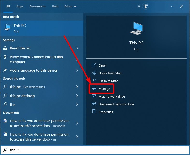 manage this pc in start menu