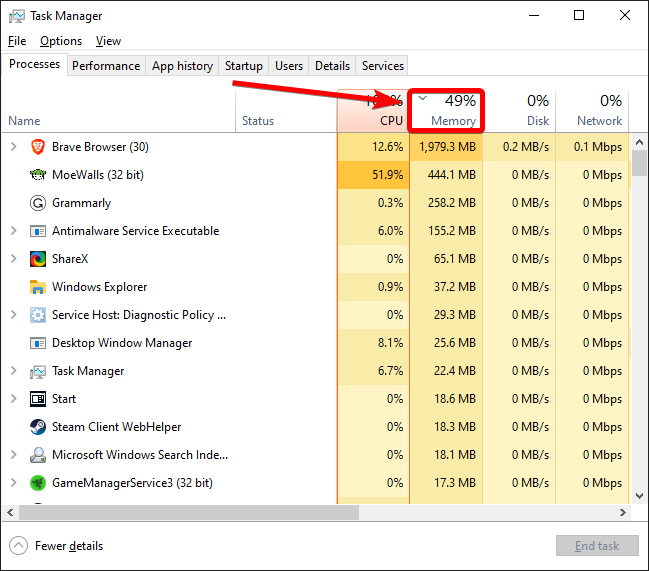 memory tab in task manager