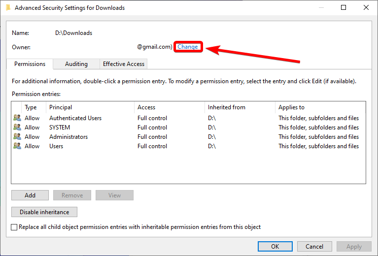 select change permissions button