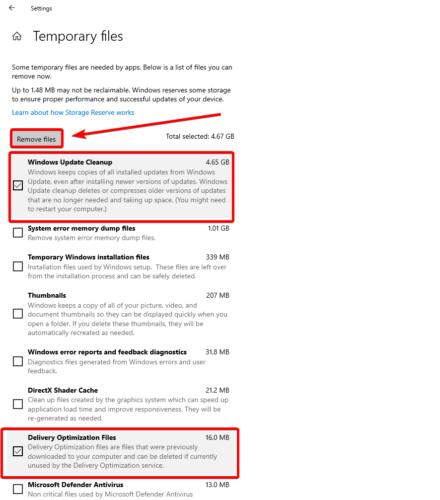 select windows update cleanup and delivery optimization files