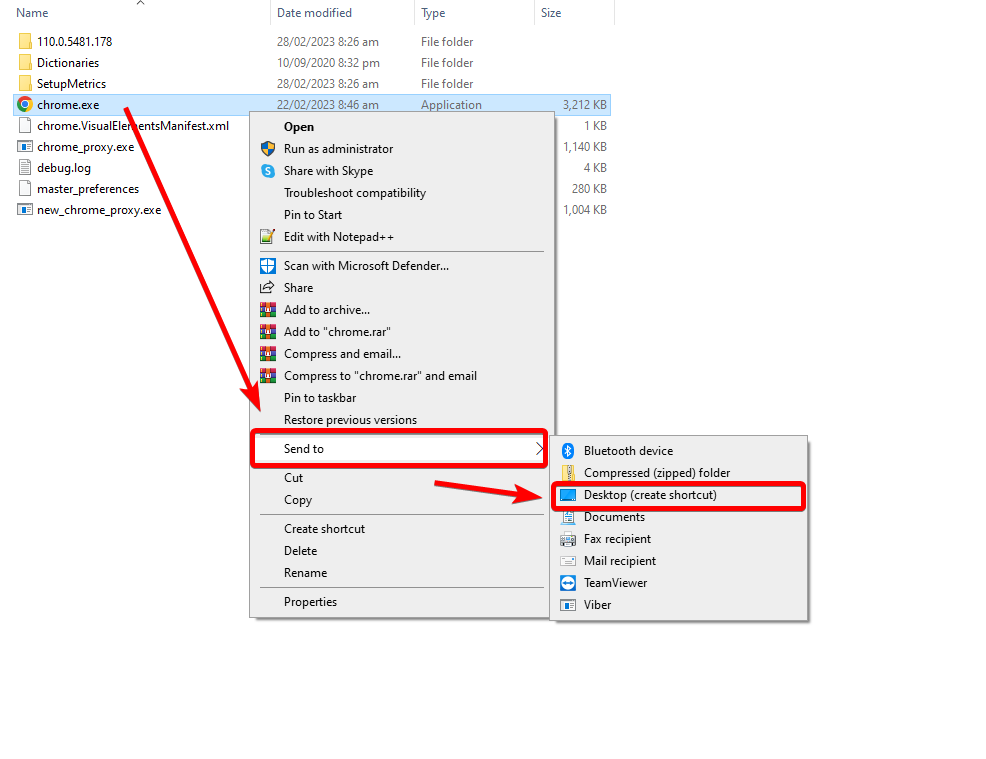 send chrome shortcut to desktop