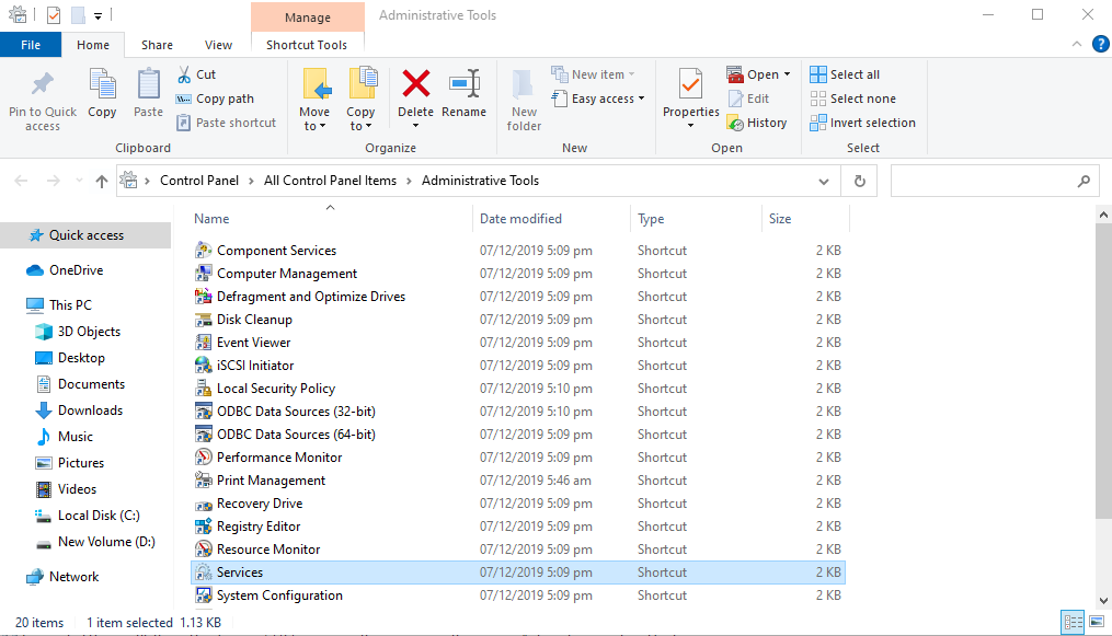 services shortcut in administrative tools