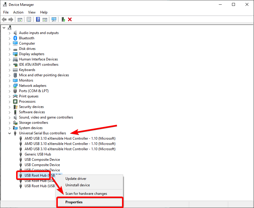 usb root hub properties