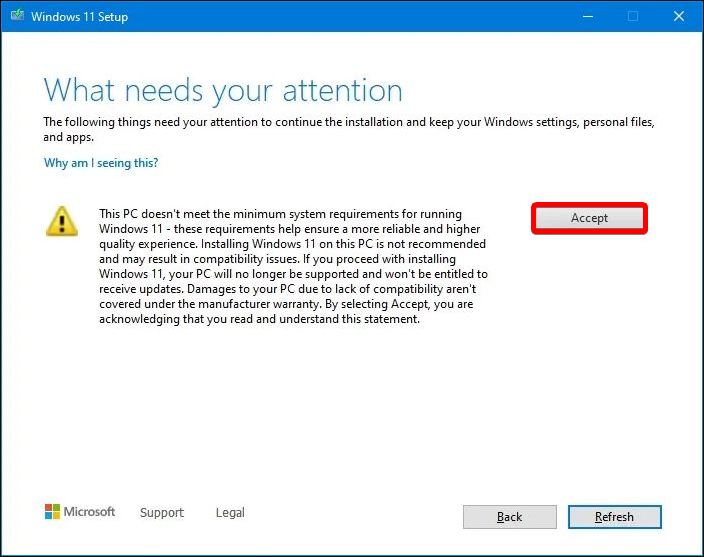 acceot button windows 11 installation