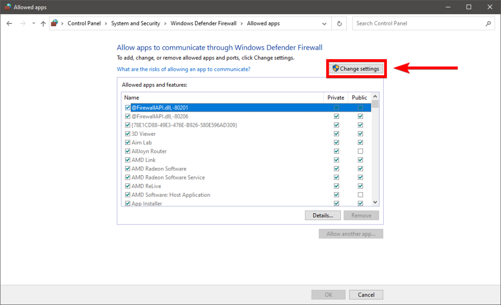 change settings button on firewall