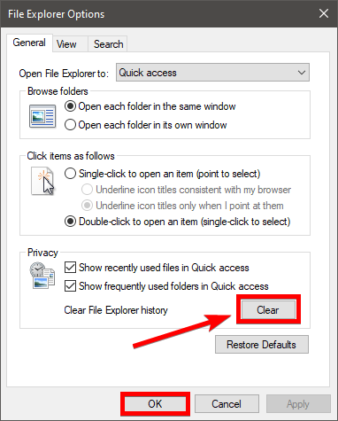 clear privacy file explorer options