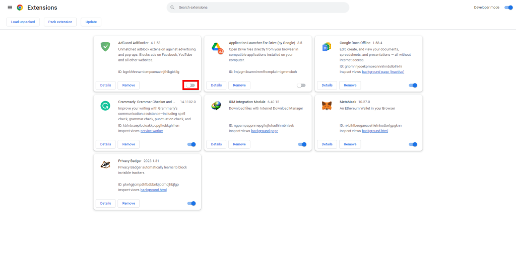 disable google chrome extension