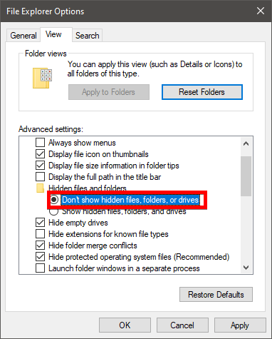 dont show hidden files file explorer options