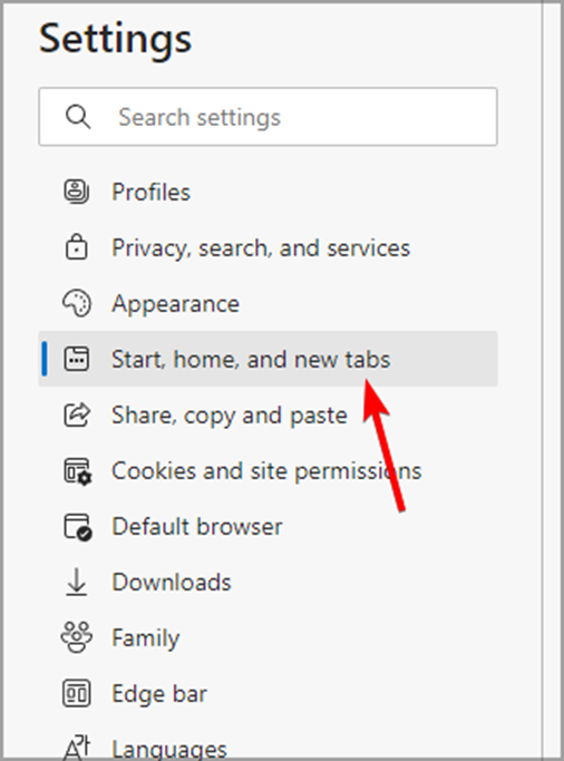 edge start home and net tabs settings