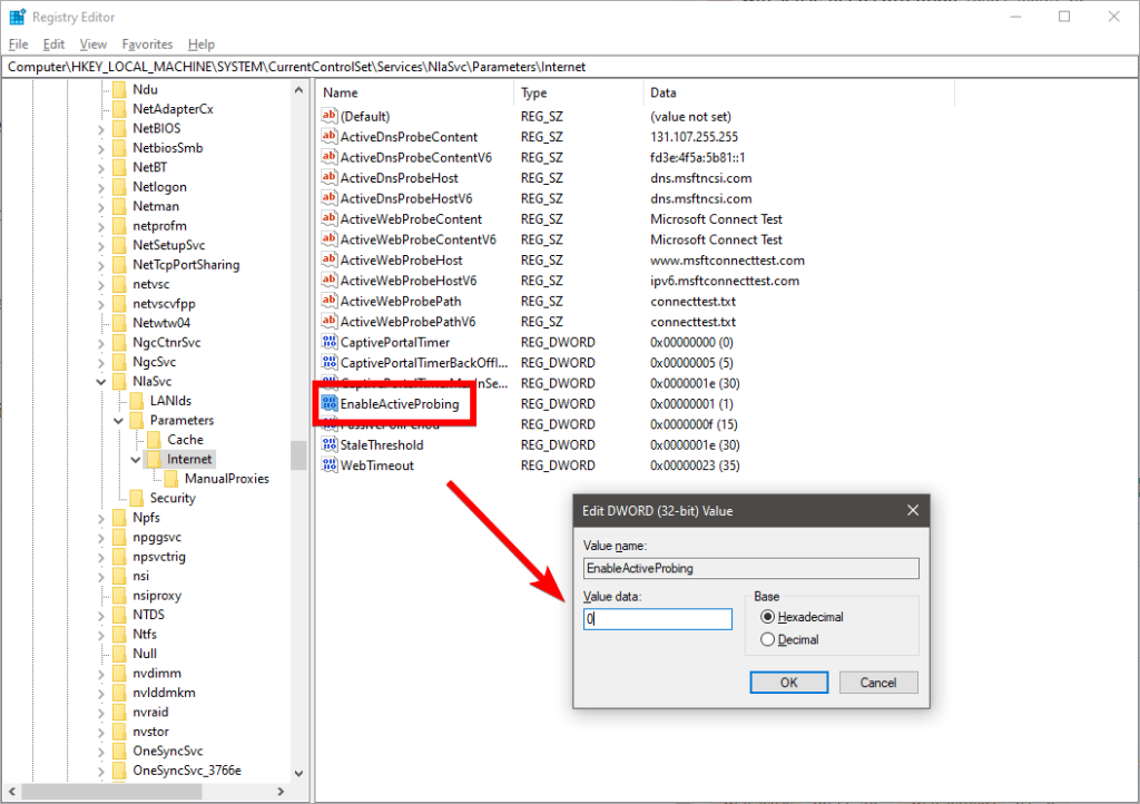 enable active probing regedit