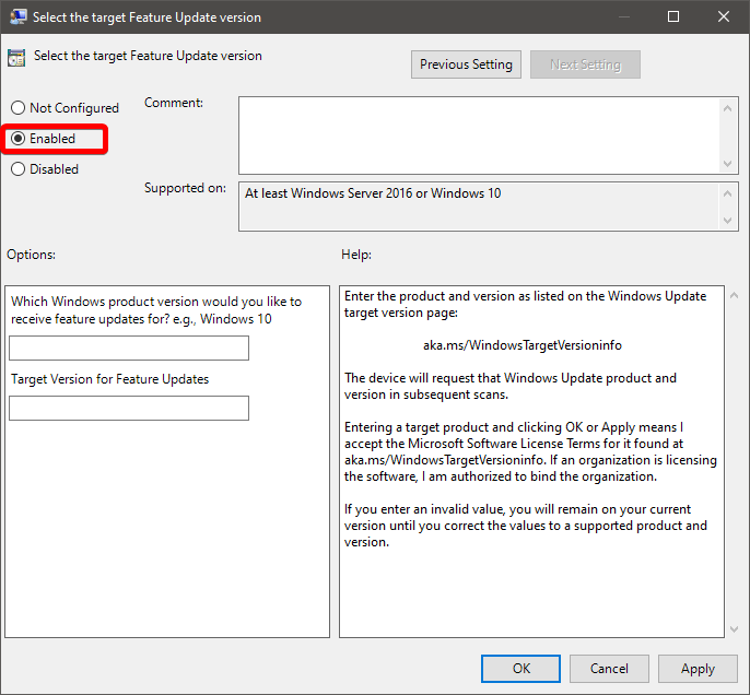enable target feature update version