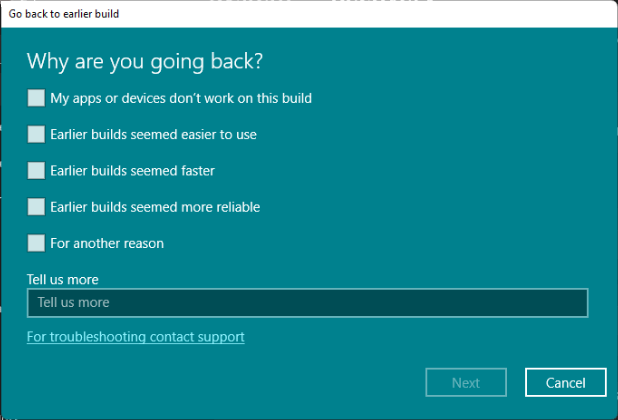 go back to earlier build windows 11