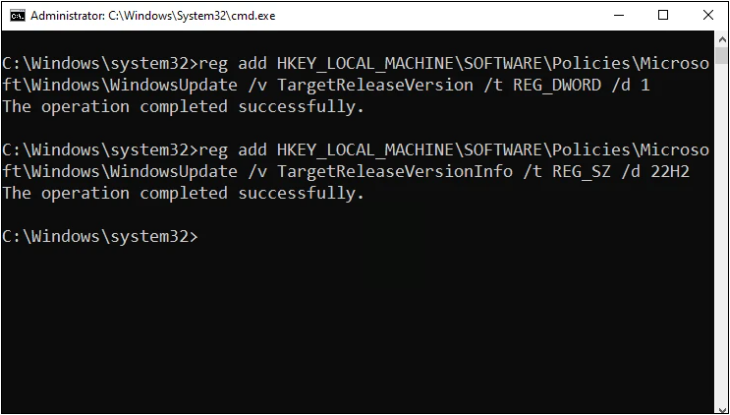 hkey local machine windows update command in cmd targetreleaseversioninfo